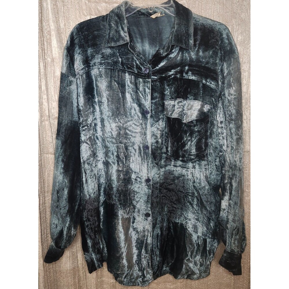Turquoise Crushed Velvet Button Up Shirt XL Oversized Shacket Viscose Blend